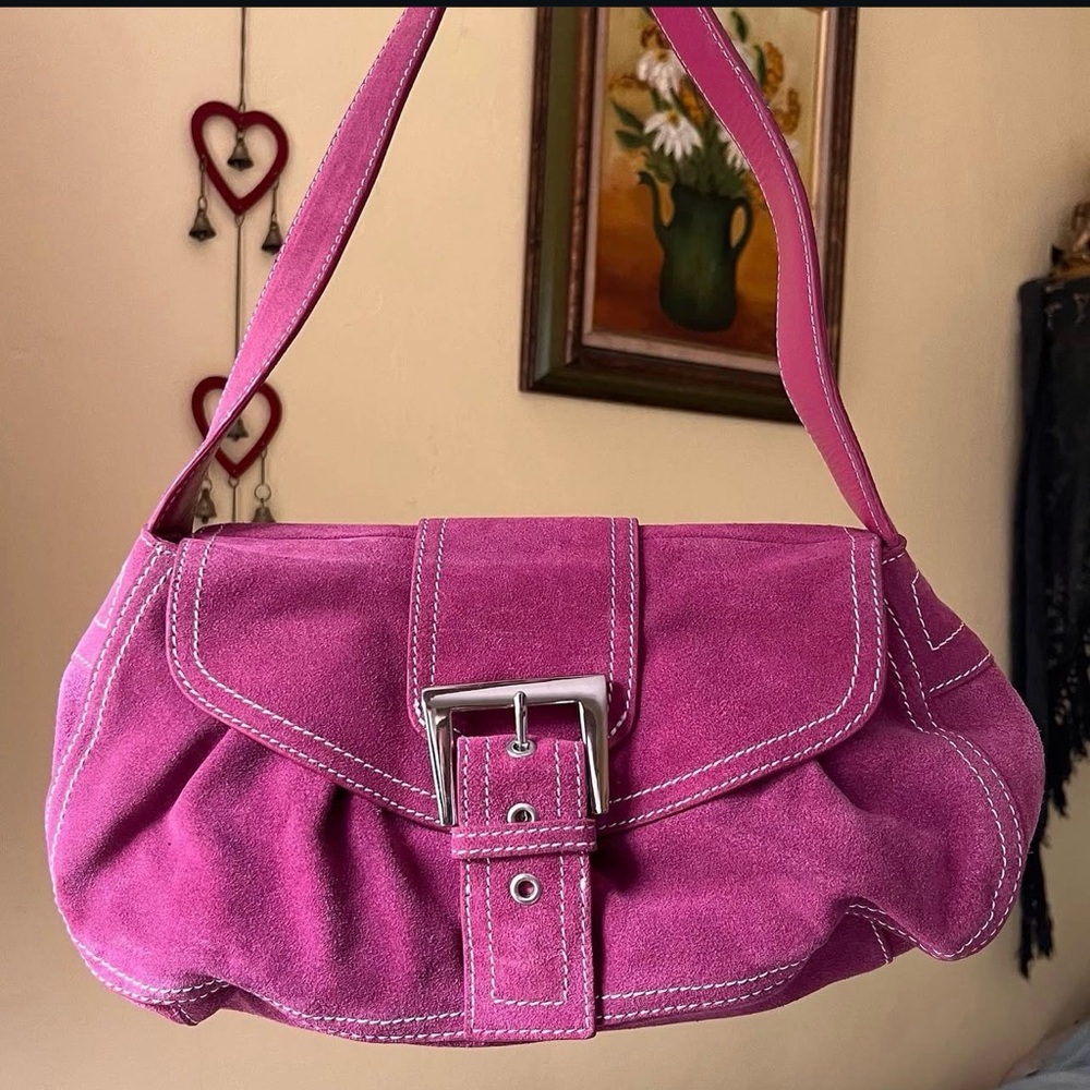Vintage Aerosoles Suede Shoulder Bag in Rich deep pink w/ silver hardware.